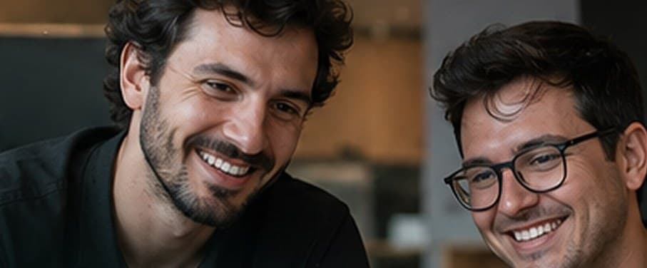 Duas pessoas da equipe sorrindo enquanto olham para um computador